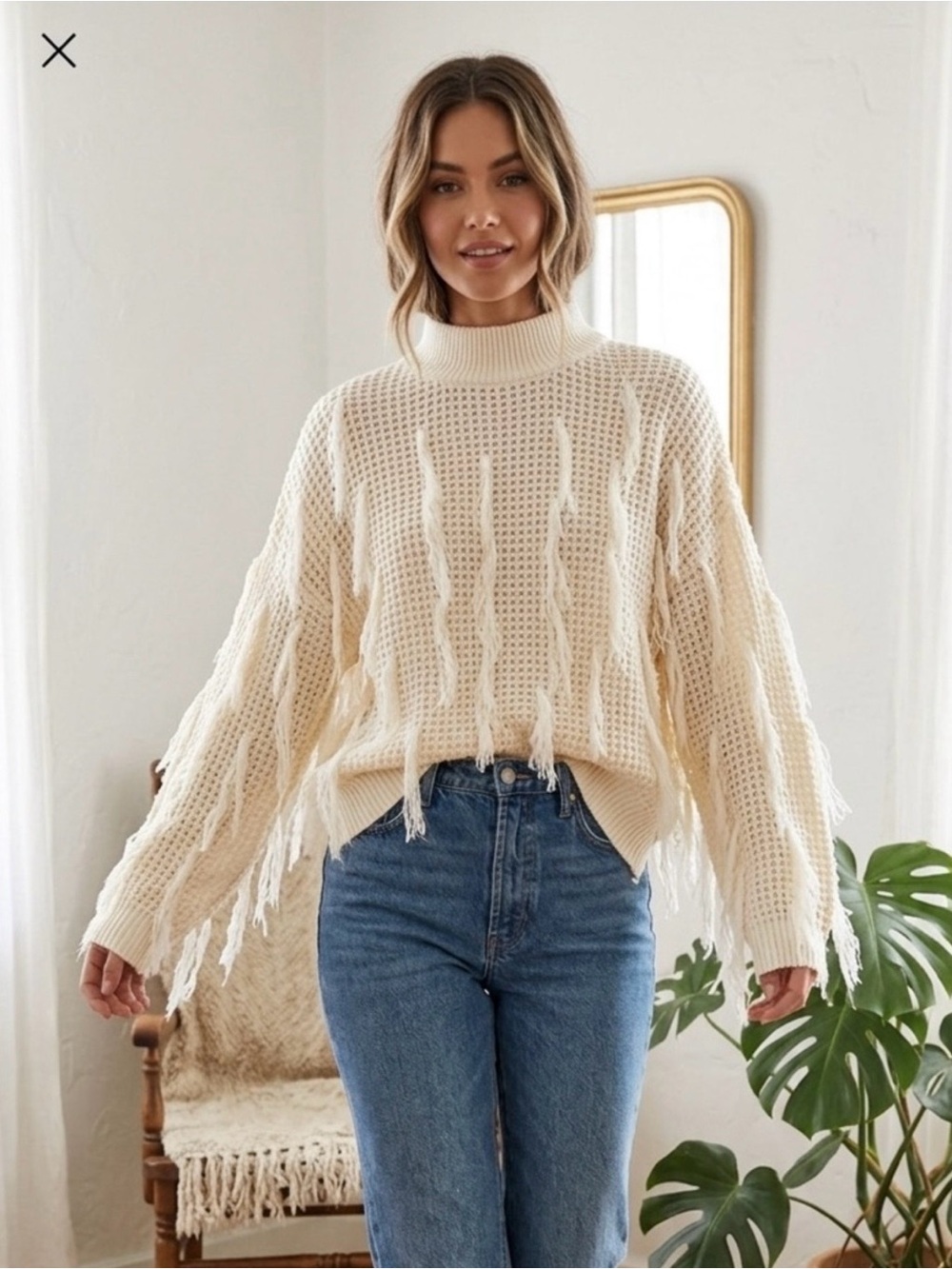 POL Oversized Knit Fringe Sweater Size S